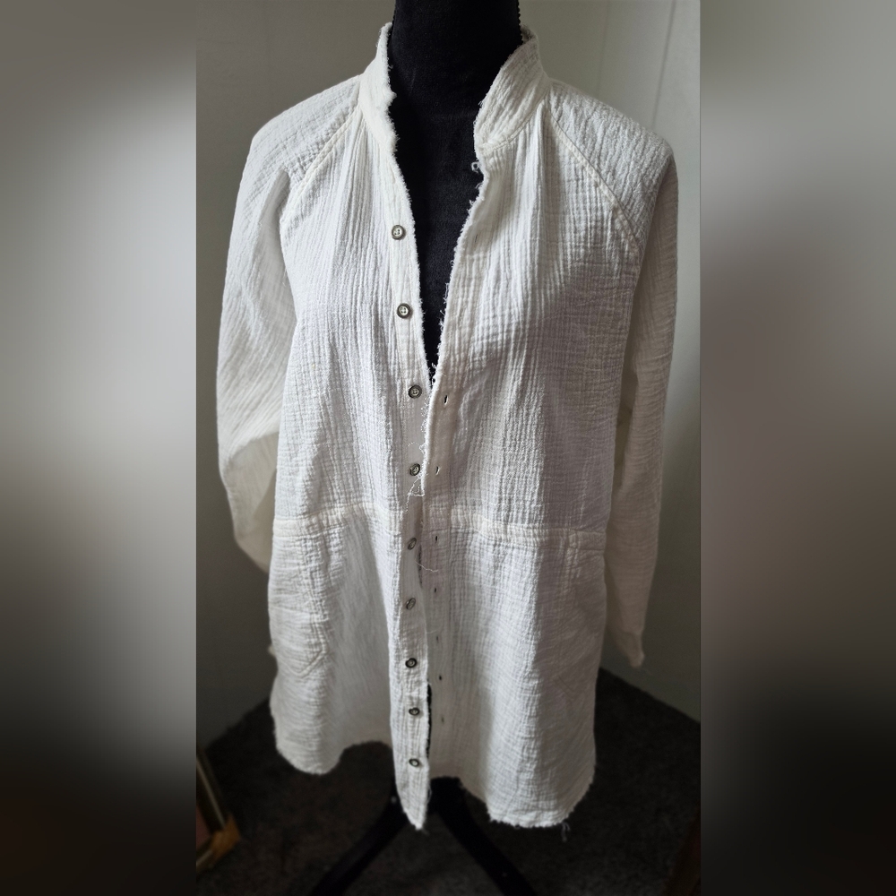 We The Free White Textured Button Up Shirt | Very Oversized | Cotton | Size M